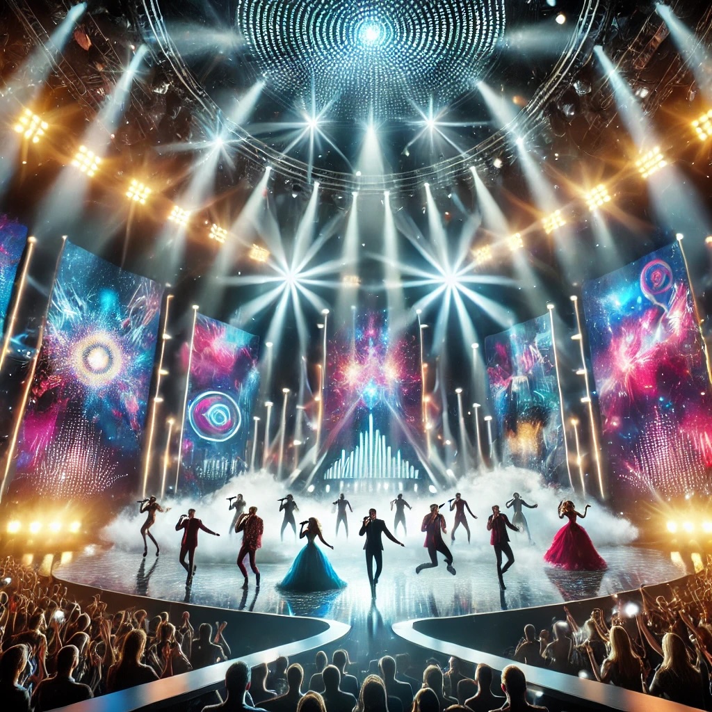 Group of people singing on stage in front of a crowd