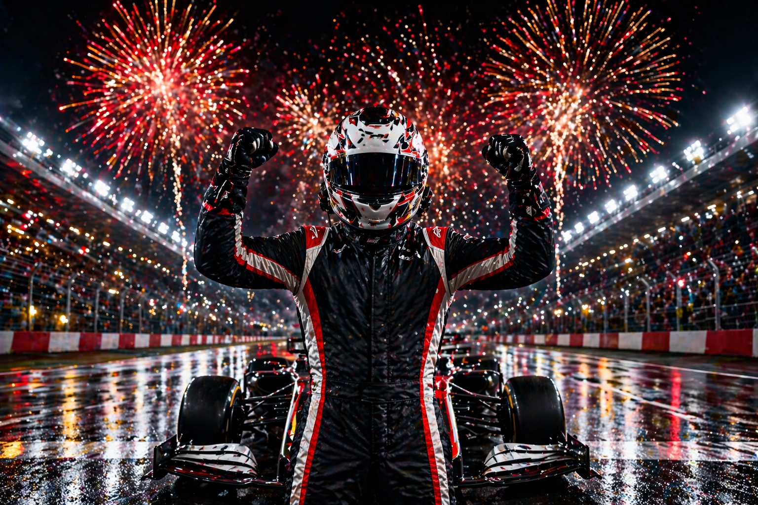 A racing driving celebrating with a trophy