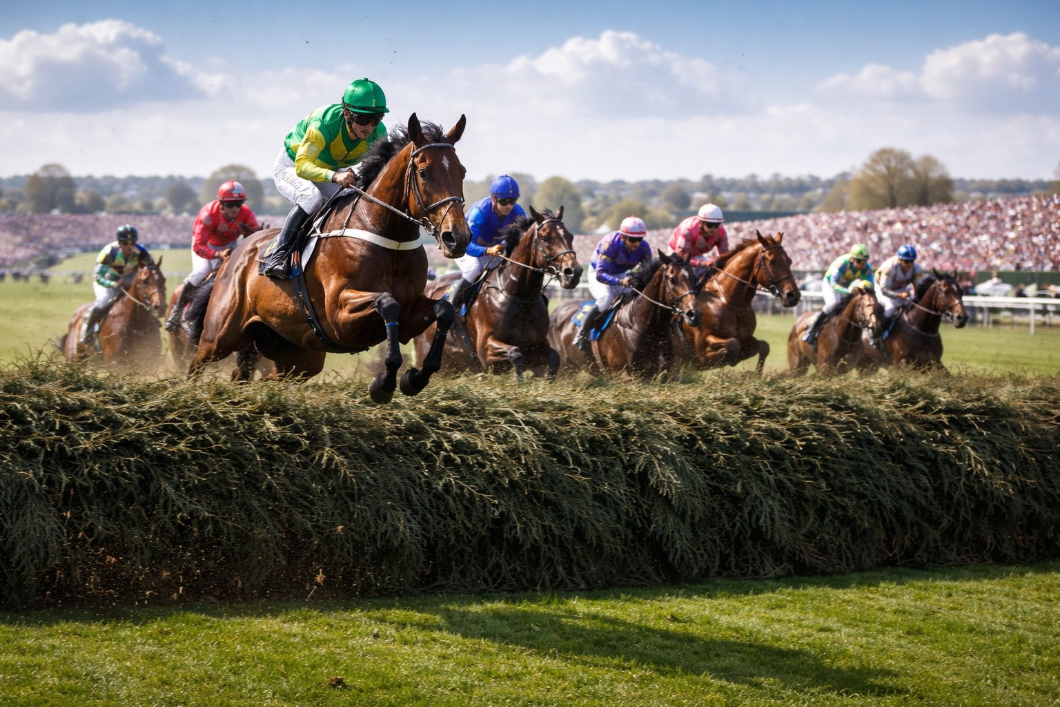 Seven horses jumping on a gate whilst racing