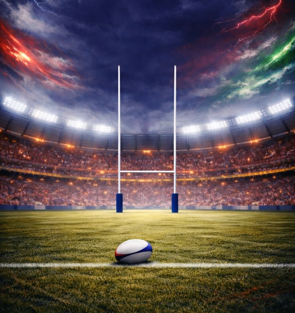 One Rugby player tackling another